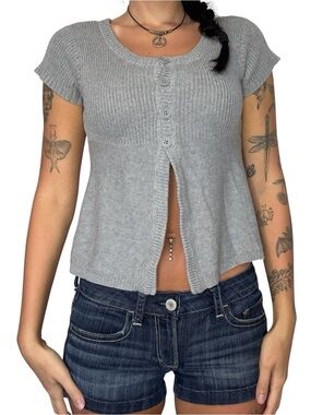 Y2K Babydoll Light Gray Short Sleeve Button Front Knit Top